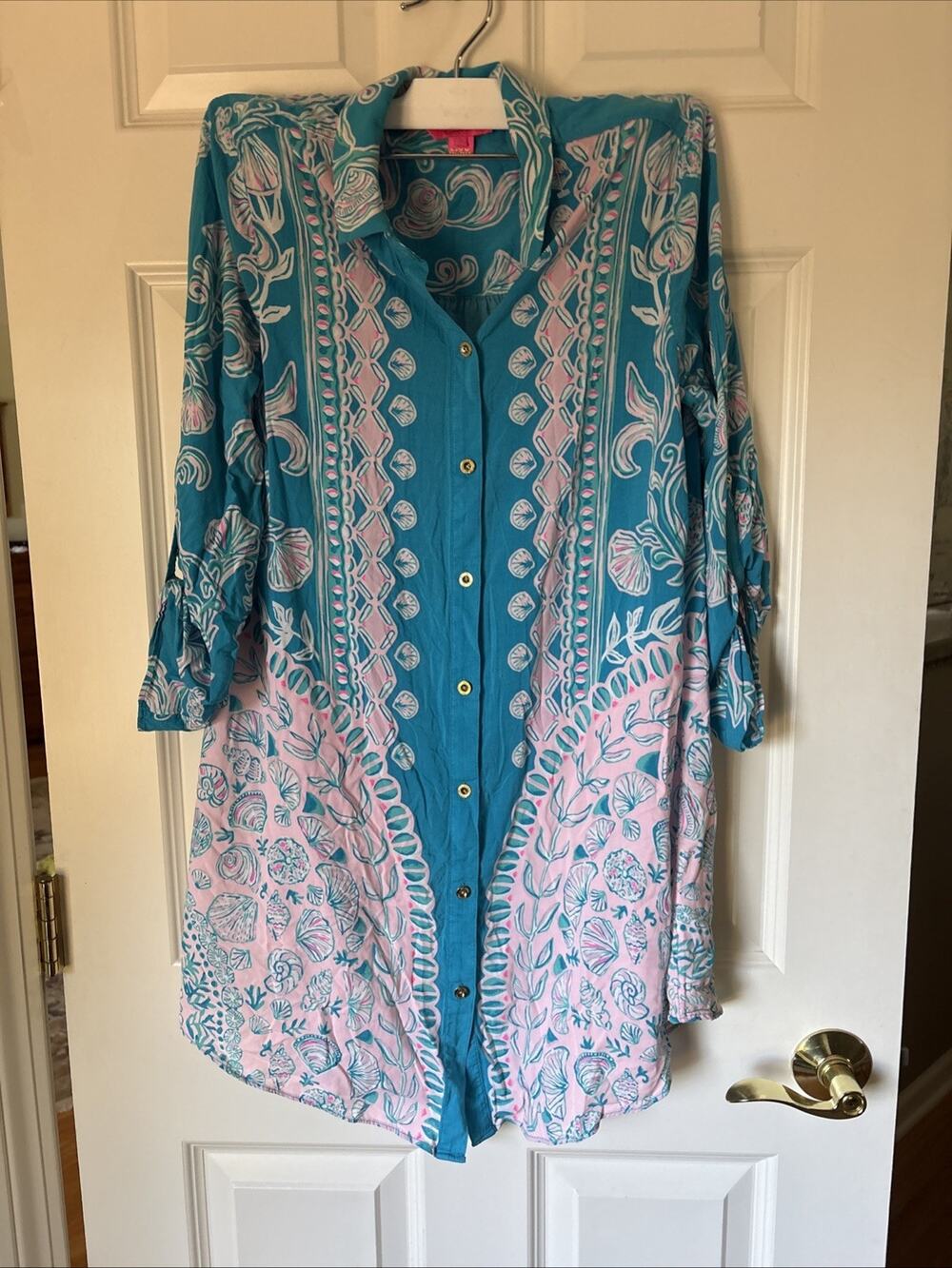 Lilly Pulitzer Tana Shift Dress Size S Water Ya Waiting For Turquoise Teal Buttn
